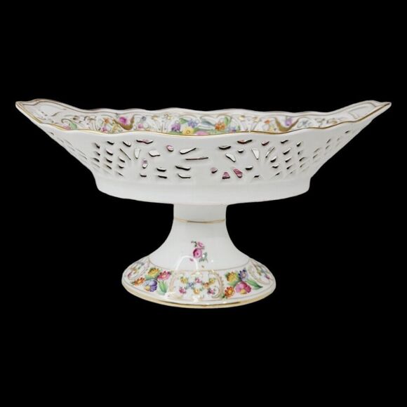 Dresden Schumann Bavaria Candy Fruit Footed Pedestal Oval Floral Bowl Compote - Picture 4 of 16